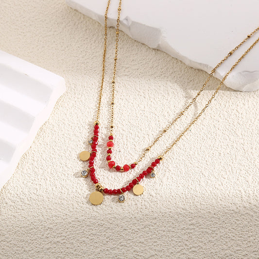 Collier Doré Double Chaînes Cristaux Rouges Petites Plaques Rondes Et Strass
