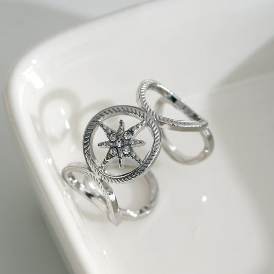 Bague Argentée Multi Cercle Avec Etoile Incrustée de Strass