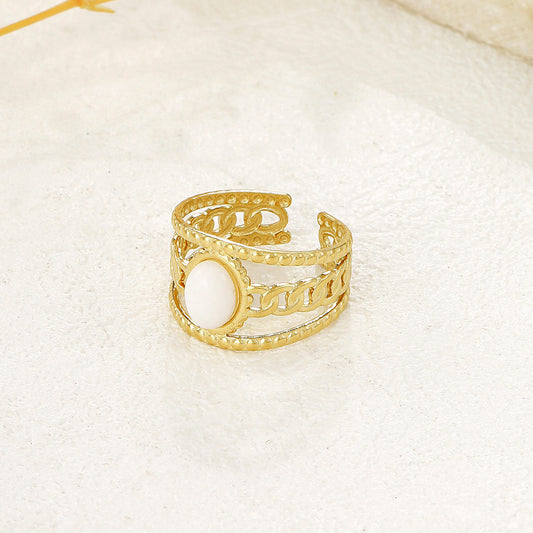 Bague Dorée Ajustable Chaîne Maillons Avec Pierre Blanche