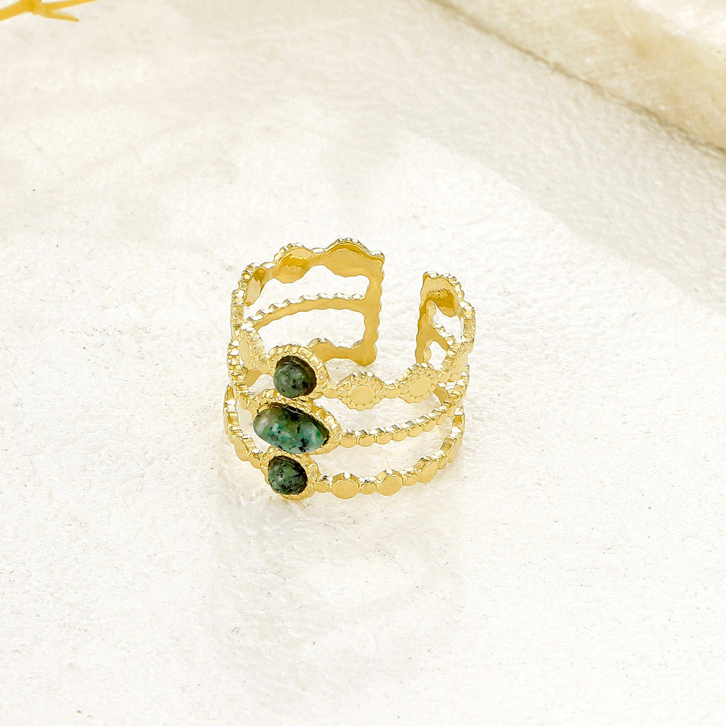 Bague Dorée Ajustable Triple Avec Pierres Vertes Turquoise africaine