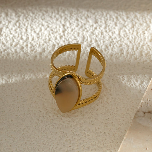 Bague Dorée Ajustable Double Anneau Avec Pierre Naturelle Ovale Motif Léopard