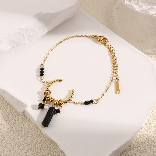 Bracelet Doré Anneau Pendentifs Pierres Noires