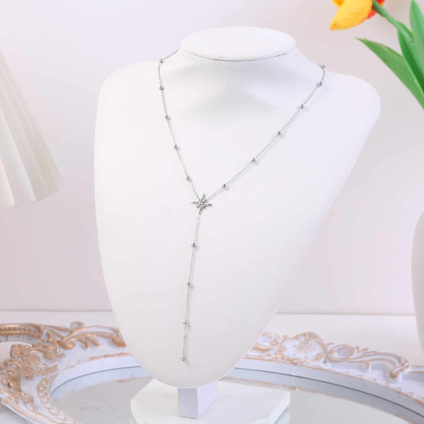 Collier Chaîne Y Argentée Étoile Scintillante Avec Strass Et Perles