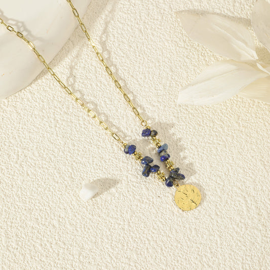Collier Chaîne Dorée Pierre Lapis Lazuli Plaque Martelée