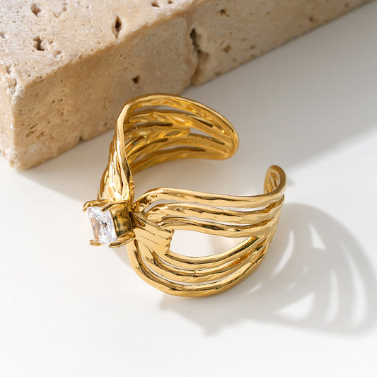 Bague Dorée Ouverte Multi Bandes Avec Strass Losange Sur Nœud