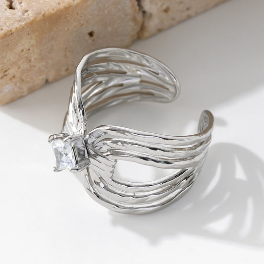 Bague Argentée Ouverte Multi Bandes Avec Strass Losange Sur Nœud