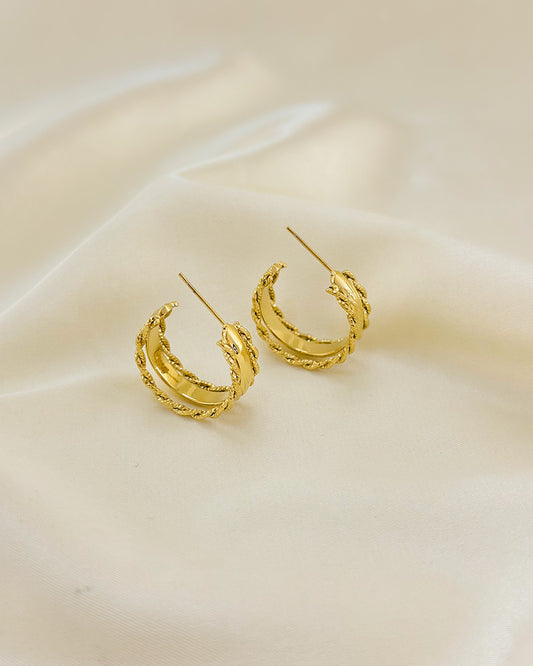 Boucles d'Oreilles Dorées Créoles Ouvertes Double Fils Torsadés Et Bande