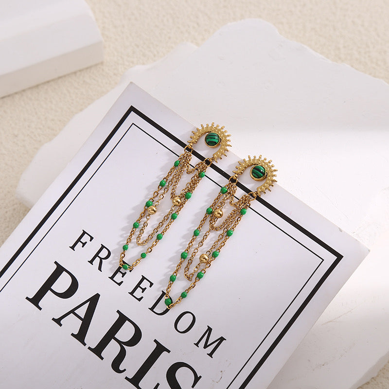 Boucles d'Oreilles Dorées Eclat Avec Pierres Malachite Et Chaînes Vertes