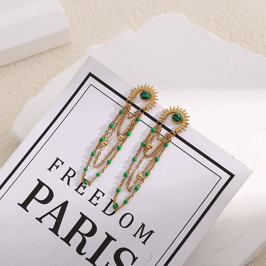 Boucles d'Oreilles Dorées Eclat Avec Pierres Malachite Et Chaînes Vertes